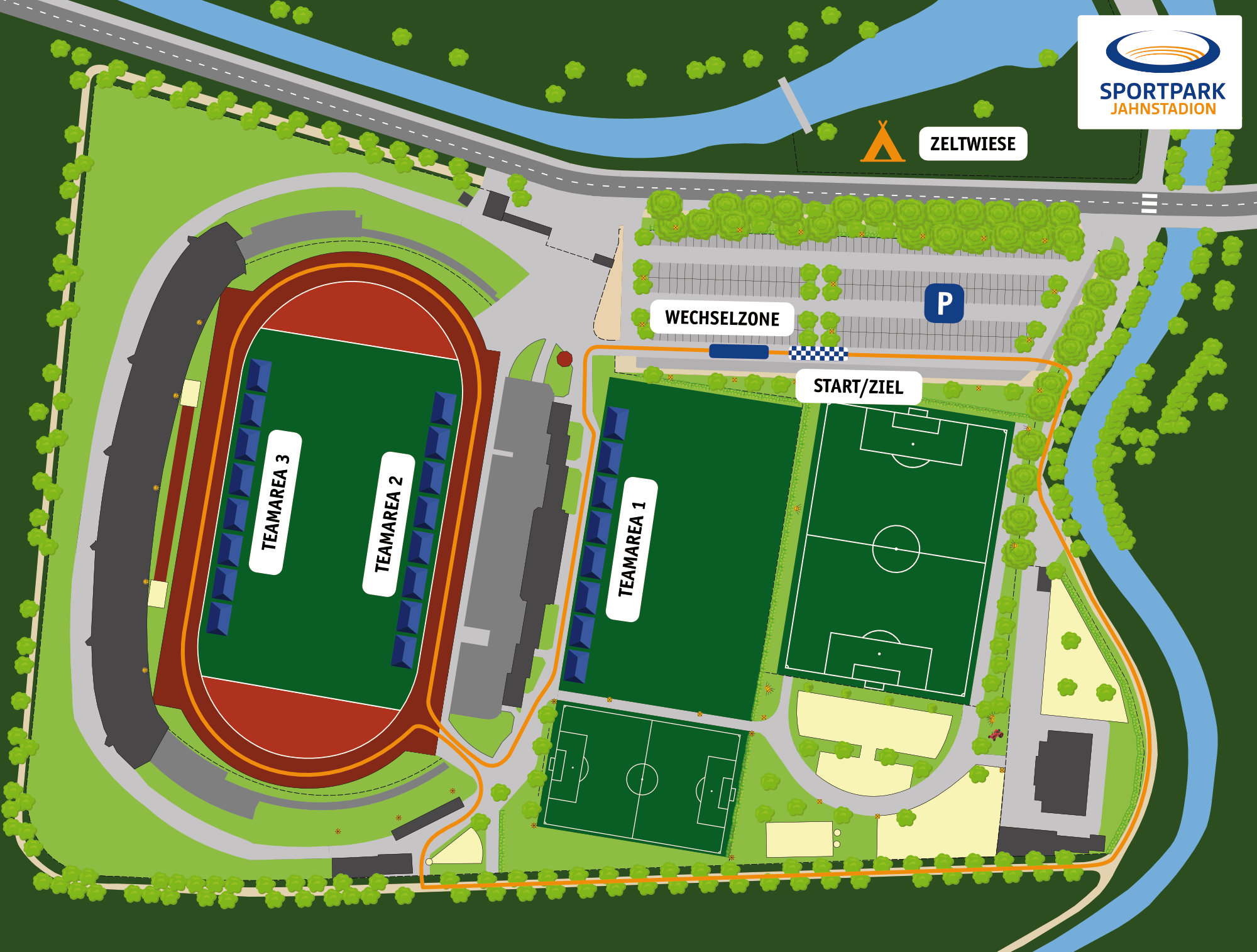 Eine Karte des Jahnstadions mit dem Streckenverlauf zum 25h Lauffestival Göttingen